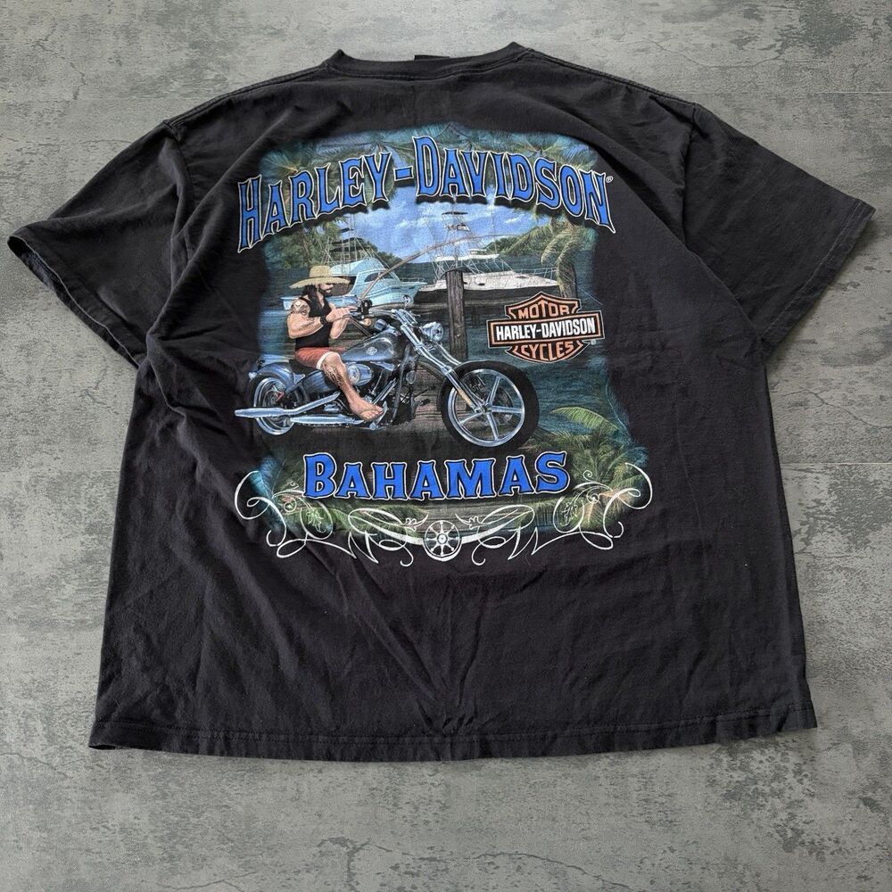 Vintage Y2k Harley Davidson Bahamas Fishing Dock Motorcycle Black Tee Shirt XL